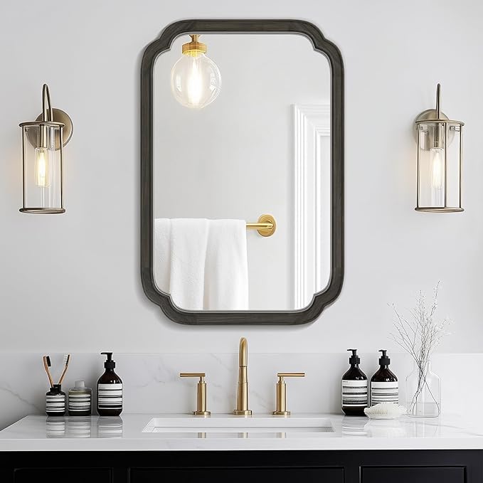 WallBeyond 20" x 30" Rounded Corner Arch Wall Mirror with Wood Frame for Entryway, Living Room or Bedroom Home Decor - Light Woodgrain [20" x 30" Black]