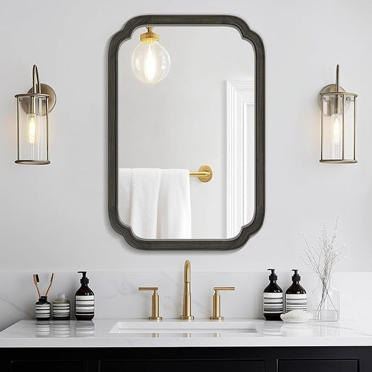 WallBeyond 20" x 30" Rounded Corner Arch Wall Mirror with Wood Frame for Entryway, Living Room or Bedroom Home Decor - Light Woodgrain [20" x 30" Black]