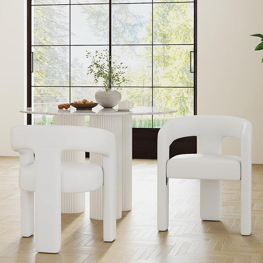 Modern Barrel Dining Chairs Set of 2, PU Leather Upholstered Accent Side Chair with Arms Comfy Makeup Vanity Chairs, Dining Living Room Kitchen Chairs, White