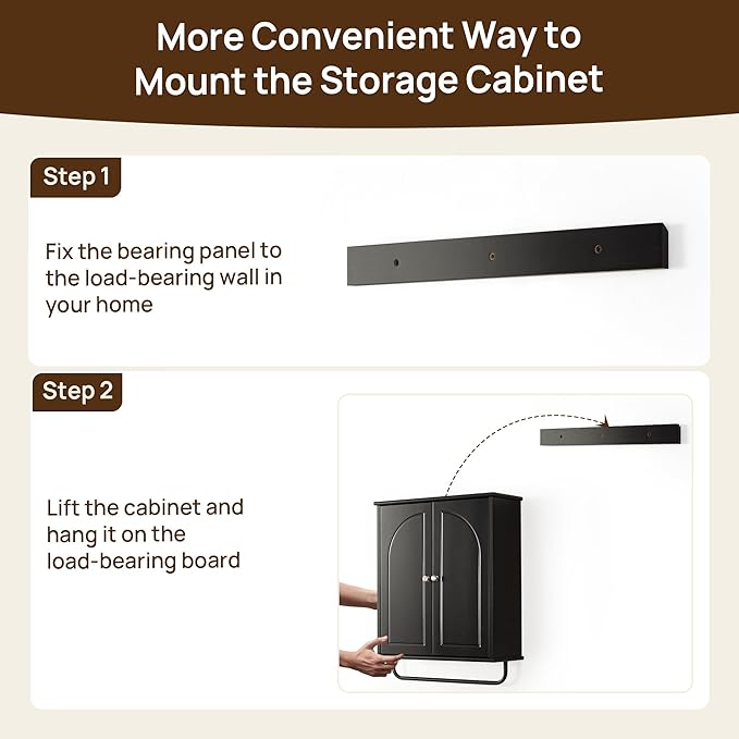 Bathroom Storage Cabinet with Adjustable Wood Shelves, Unique Arched Groove Design On The Door, Wall Mounted with Towels Bar, Over The Toilet Storage Cabinet with DTC Silent Buffering Hinge