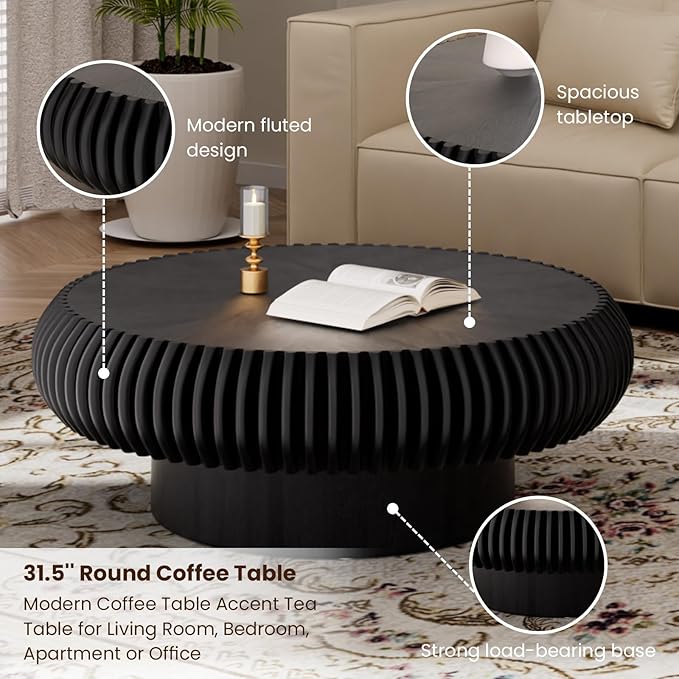 Round Drum Coffee Table for Living Room, Mid Century Modern Coffee Table with Sturdy Pedestal, Farmhouse Fluted Circle Center Table Accent Tea Table for Apartment (31.5" Black)