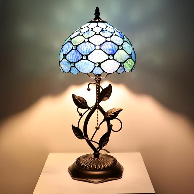 Small Tiffany Lamp Sea Blue Water Ripple Style Stained Glass Table Lamps Desk Bedside Reading Light 8X8X18 Inches with Bronze Metal Leaf Resin Base