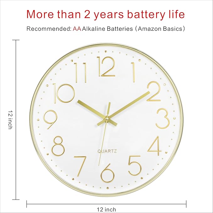 Foxtop Gold Wall Clock 12 Inch Silent Non-Ticking Battery Operated Round Modern Wall Clock for Living Room Bedroom Kitchen Home Office Decor