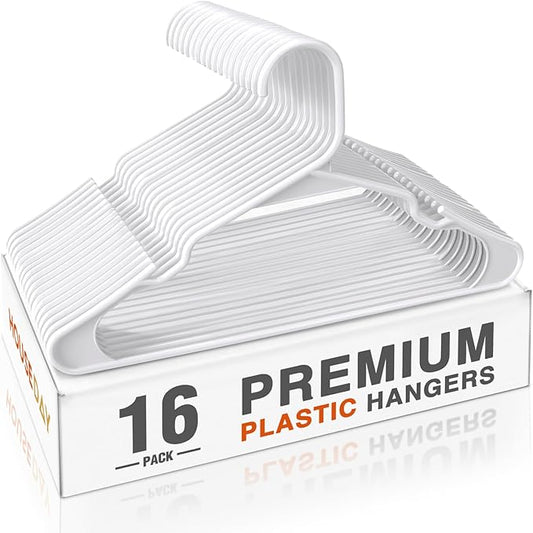 HOUSE DAY Plastic Hangers 16 Pack - Adult Clothes Hangers White - Space Saving, Non-Slip, Durable & Sturdy Hanger with Shoulder Grooves for Closet, Perfect Slim Coat Hanger - Ganchos para Colgar Ropa