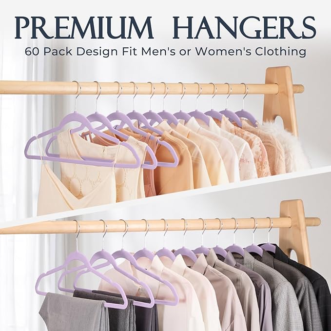 HOUSE DAY Lt-Purple Velvet Hangers 60 Pack, Non Slip Clothes Felt Hanger Heavy Duty for Coat, Premium Slim Space Saving Suit Hangers for Closet Organizer, 360° Rotating Silver Hook