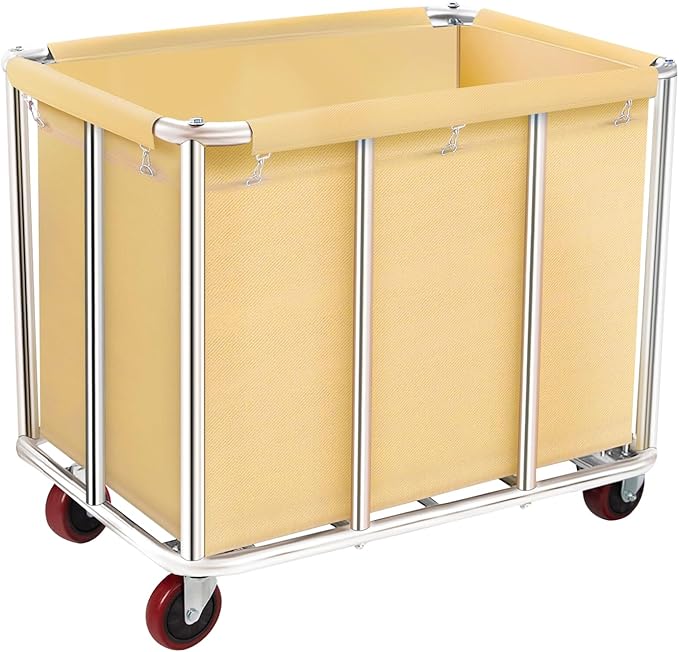 Commercial Laundry Cart with Wheels, 11.35 Bushels Large Roller with Removable Waterproof Canvas Lined Basket, Heavy Duty Stainless Steel for Hotels and Hospitals