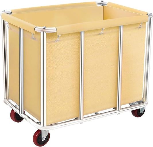 Commercial Laundry Cart with Wheels, 11.35 Bushels Large Roller with Removable Waterproof Canvas Lined Basket, Heavy Duty Stainless Steel for Hotels and Hospitals