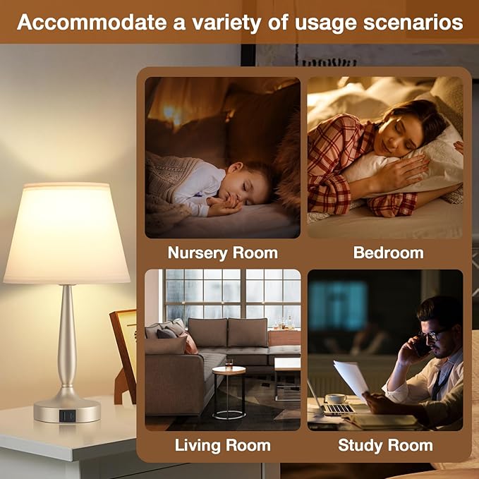 Kakanuo Touch Table Lamp for Bedroom, Small Bedside Lamp with USB C Charging Port, 3 Way Dimmable Touch Control Nightstand Lamp for Living Room, White Shade and Champagne Gold Base