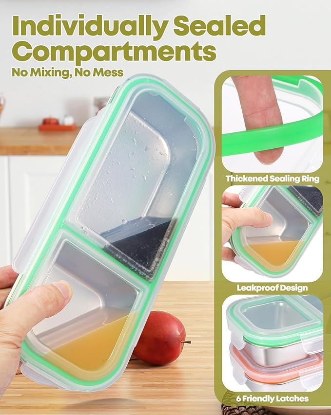 2Pack Stainless Steel Snack Containers for Kids Adults, Reusable Double Compartment Snackle Box Container with Leakproof Lids Metal Bento Lunch Food Snack Box for Travel Picnics Camping Office School