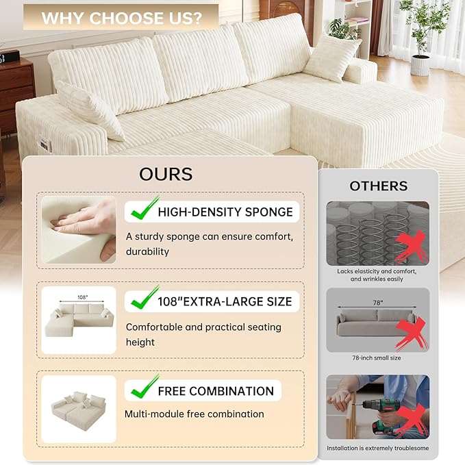 108" U Shaped Sectional Couch with Ottoman, Corduroy Modular Sectional Sofa with Deep Seat, Modern Modular L-Shape Sofa Couch with Chaise,Upholstered Boneless Couches for Living Room Bedroom