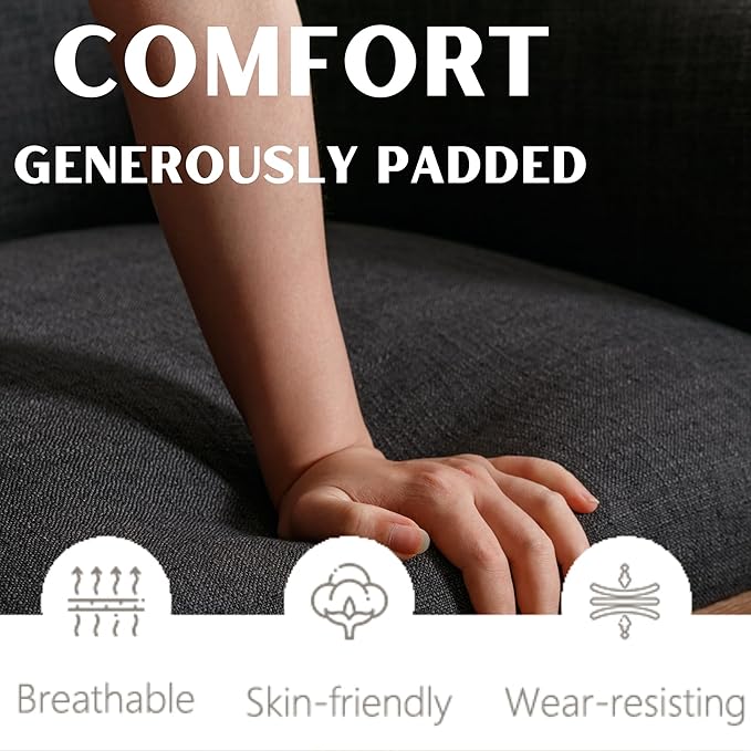 Mid-Century Modern Charcoal Dining Chairs Set of 6, Linen Upholstered Kitchen Dining Room Chairs with Wood Legs, Curved Backrest Armchairs, Charcoal