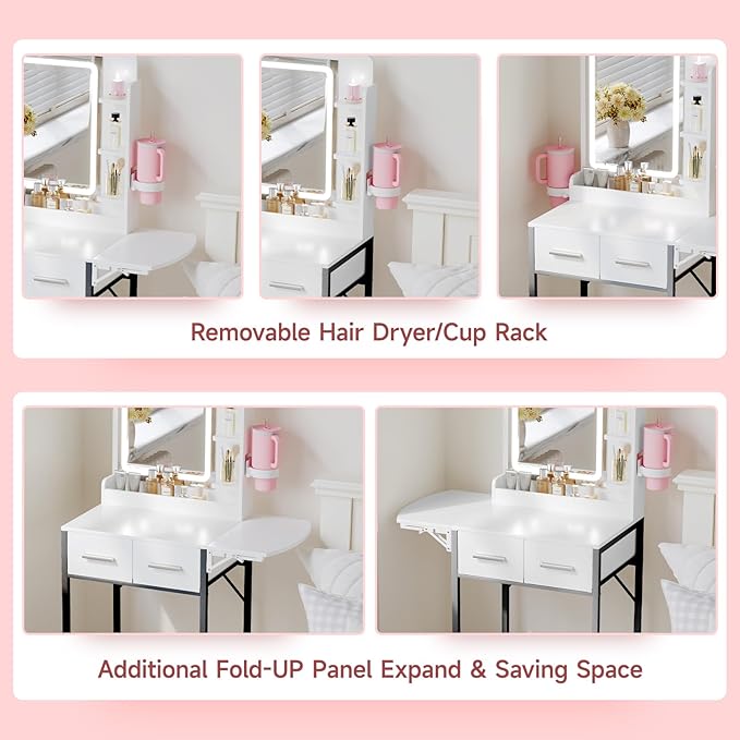 Small Vanity Desk for Mini Space: Compact Makeup Table Set for Tiny Bedroom - Space Saving Vanity for Girls