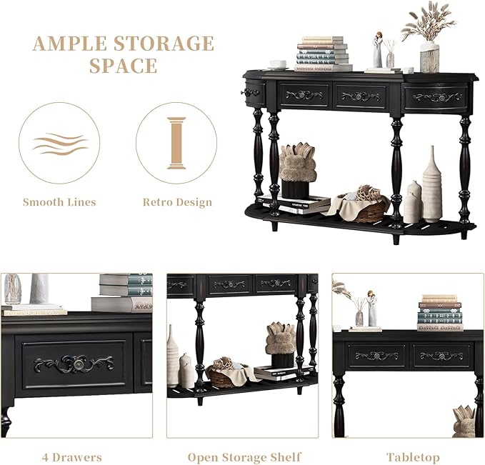 HMFULE Retro Curved Console Table, 52" Solid Wood Half Moon Console Table Sofa Table with 4 Drawers 1 Open Shelf for Living Room,Entryway,Hallway,Black