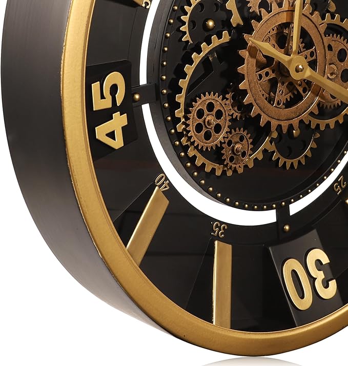 October Elf Large Real Moving Gears Wall Clock 18 Inch Vintage Industrial Steampunk Large Big Metal Wall Clock for Living Room Decor (18 Inch Golden Arabic Numerals)