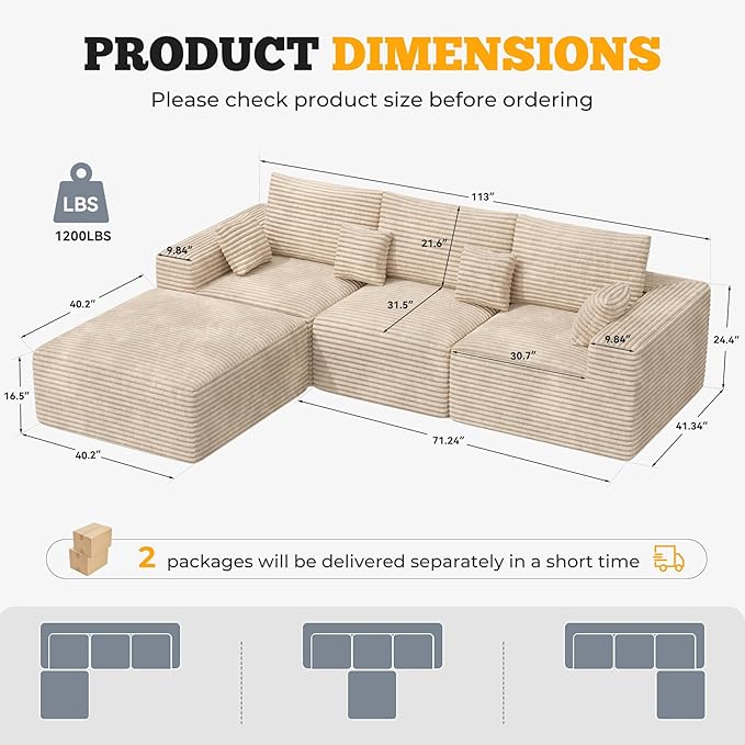 113" Modular Sectional Sofa, Convertible L-Shaped Cloud Couches for Living Room with Ottoman, 4 Seater Corduroy Boneless Couch Sofa Set, No Assembly Required, Khaki 1 PCS