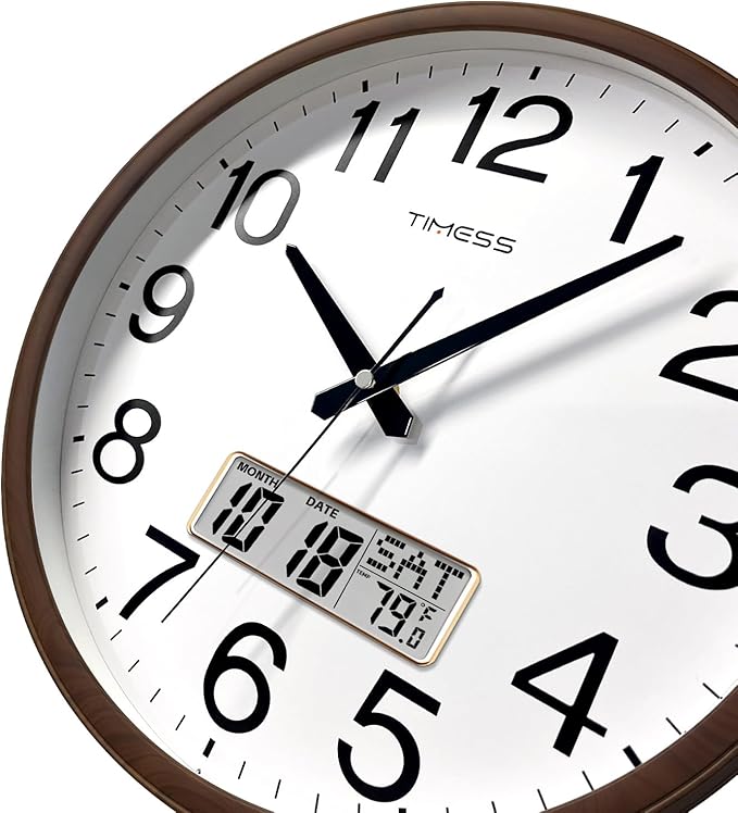 Wall Clock, Classic Wood Style Finish, 13 Inch Non-Ticking Silent Battery Operated Quartz Analog with Perpetual Calendar and F° Temperature Display, Home, Office Décor (Chestnut Brown)