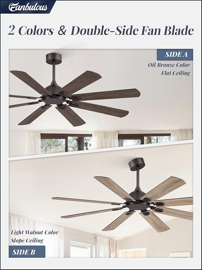 Fanbulous 62 Inch Ceiling Fans No Light with Remote, Modern Ceiling Fan without Light, Dual Finish 8 Blades, Reversible DC Motor, 6 Speed, Large Ceiling Fan for Indoor or Covered Outdoor, Oil Bronze