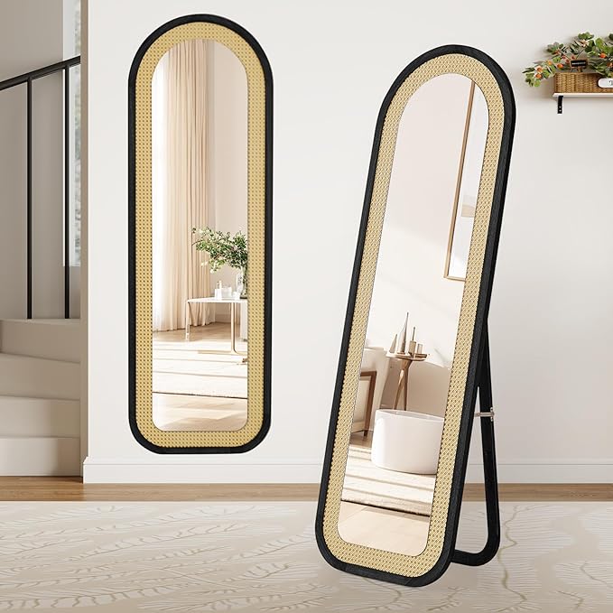 Arched Full Length Mirror with Solid Wood Frame & Rattan Panel, 64"x21" Rustic Wall Mounted Floor Mirror - Free Standing, Leaning Against Wall, Wall-Mounted for Bedroom Living Room (Black)