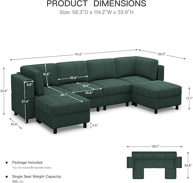 114.2" Modular Sectional Sofa with Deep Storage Seat,U Shaped Sectional Sofa Couch Convertible 6 Seater Corduroy Couch with Movable Ottoman,Upholstered Sectional Couches for Living Room,Green