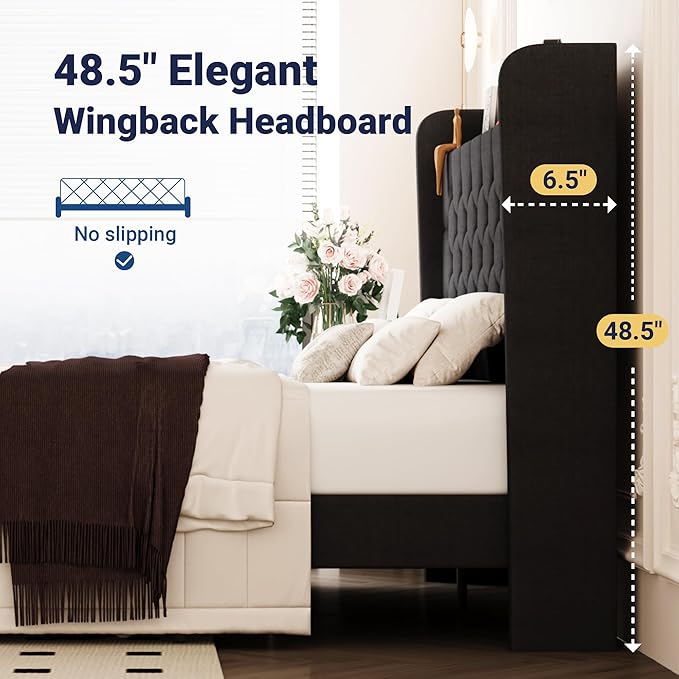 Allewie Queen Size Bed Frame, Storage Headboard with Charging Station, Wingback Linen Upholstered, Diamond Stitched Button Tufted, Sturdy Wooden Slats, No Box Spring Needed, Easy Assembly, Dark Gray