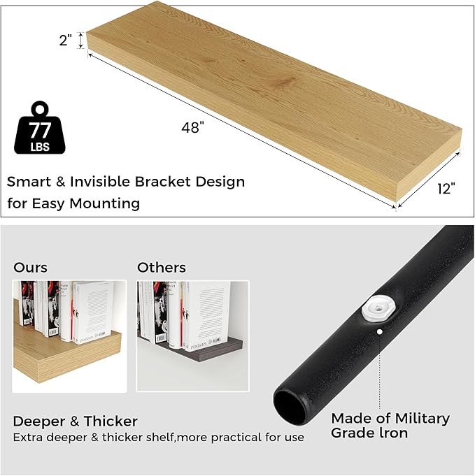 Floating Shelves for Wall, 48 Inch Wide x 12 Inch Deep Floating Shelves, Long Wood Floating Wall Shelf Shelves for Living Room Bathroom Bedroom Kitchen Home - (Oak, 48" W x 12" D x 2" H)