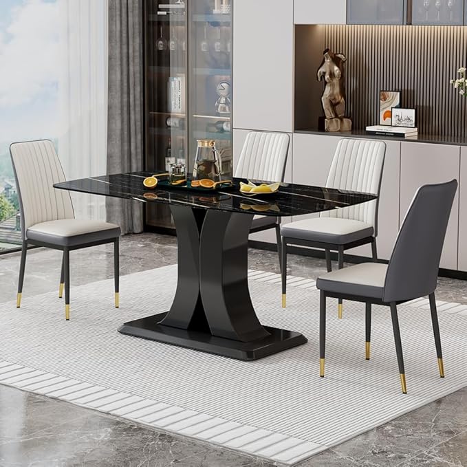Modern Dining Table Set for 4, Marble Kitchen Table Chair Set for 4, Rectangular Kitchen Table with PU Leather Upholstered Chair for Dining Room (Off White-C)