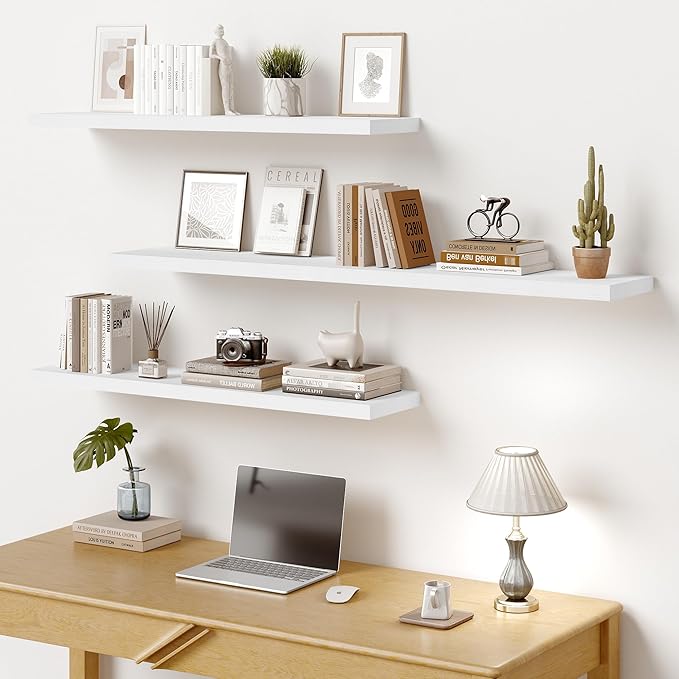 Vivelove 10 in Deep Floating Shelves for Wall, 48" x 10.2" x 1.5" Shelves for Room Wall Mounted, 1.5 Inch Thick Shelf for Bathroom Bedroom Kitchen Book Room, Modern Farmhouse Decor, Set of 2, White