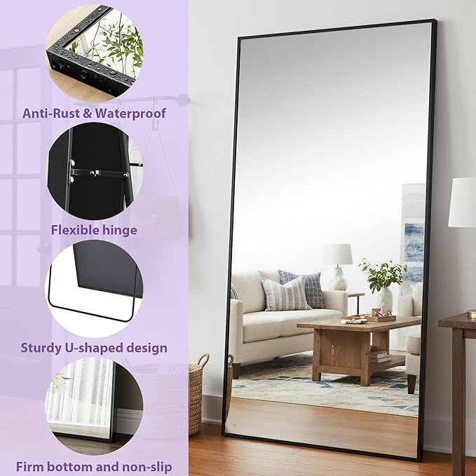 Full Length Mirror, 83"x44" Floor Mirror Freestanding, Oversized Floor Standing Full Body Mirror with Stand for Bedroom, Hanging Mounted for Living Room Cloakroom, Black, Rect