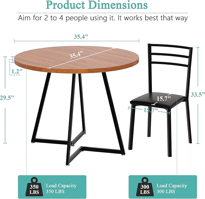 VECELO 35” Round Dining Table Set with 4 Cushioned Padded Chairs for Kitchen, Breakfast Nook, or Living Room, Wood-Grain Tabletop & Heavy-Duty Steel Frame, Easy Assembly, Walnut