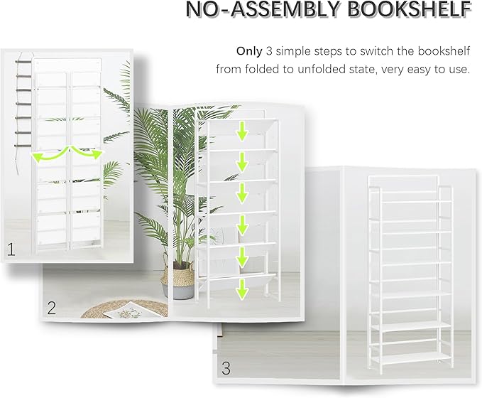 4NM No Assembly 6 Tiers Folding Bookshelf Storage Shelves Vintage Bookcase Standing Racks Study Organizer Home Office (All White)