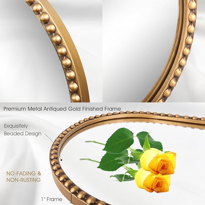 Oval Full Length Mirror, 20"x53" Metal Beaded Frame Large Hanging Dressing Floor Mirror for Bedroom, Living Room, Entryway, Antique Gold (No Stand)