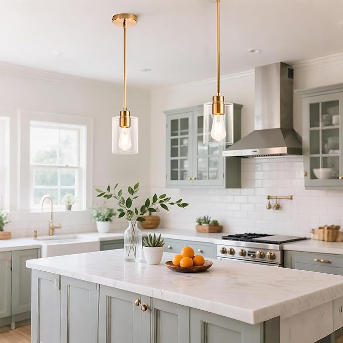 MAYNA 2-Pack Brushed Brass Pendant Lights, Elegant Glass Hanging Lighting with Bulbs, Adjustable Rods Modern Fixtures for Kitchen Island, Breakfast Bar
