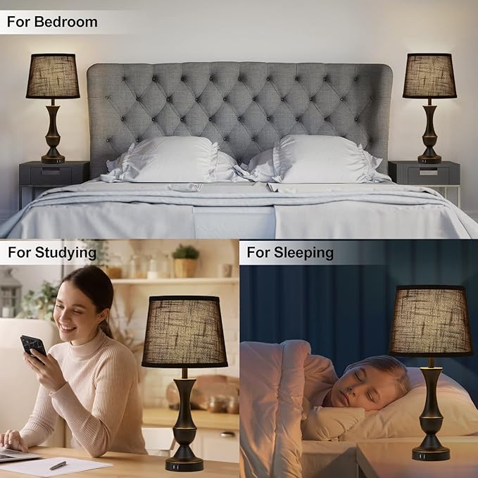 Luvkczc Black Touch Table Lamps Set of 2, 22" Tall Bedside Lamps with USB C+A Charging Ports, Nightstand Lamps for for Bedroom, Living Room, Office, with Black Lampshade, LED Bulb Included