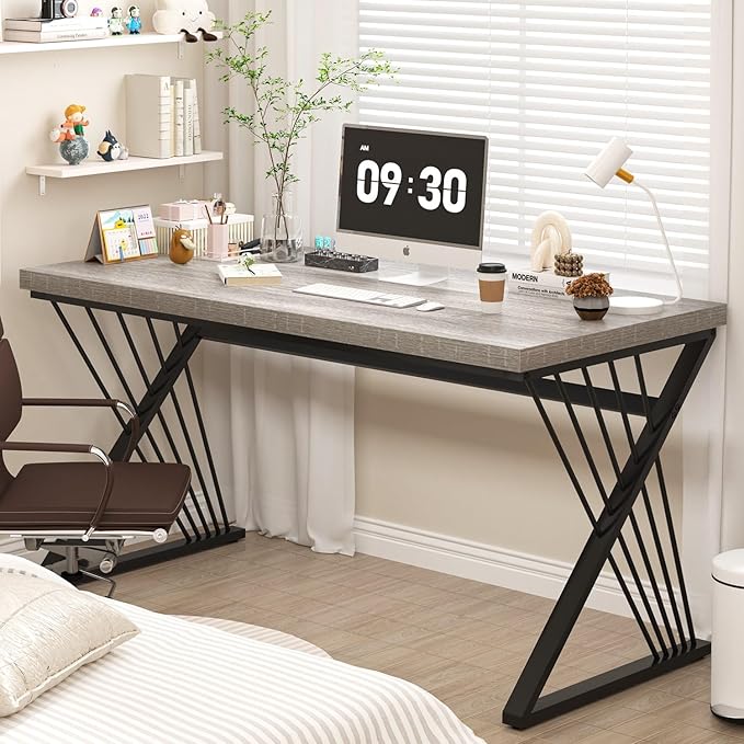 FOLUBAN Modern Desk, Rustic Wood and Metal Computer Desk for Home Office, Simple Study Writing Gaming Table for Bedroom Living Room, Light Grey, 53 Inch