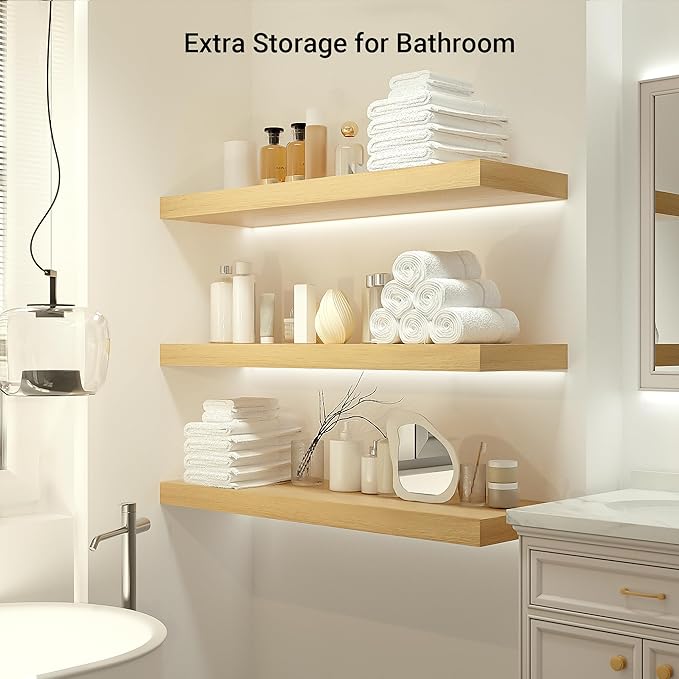 Heimlove 24 x 12 Inch Deep Floating Shelves Wall Mounted with Invisible Brackets,Storage Hanging Shelf for Wall Decor in Bathroom, Bedroom, Toilet, Kitchen, Living Room, Office Set of 1 (Oak)