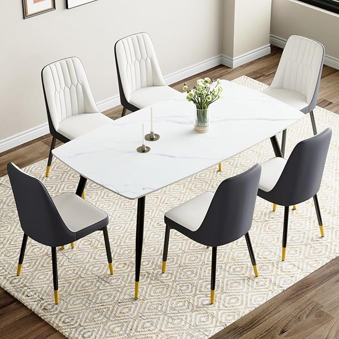 7 Piece Modern Dining Set, 62'' Sintered Stone Dinner Table for 6, 6 Chairs, Easy to Assemble