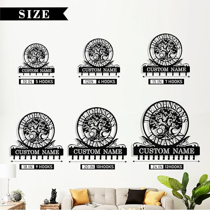 Personalized Key Holder Wall Mount, Custom Tree of Life Metal Keys Holder for Wall with Name, Wall Key Hanger Rack with Hooks for Entryway, Front Door, Living Room, Kitchen, Bathroom, Garden