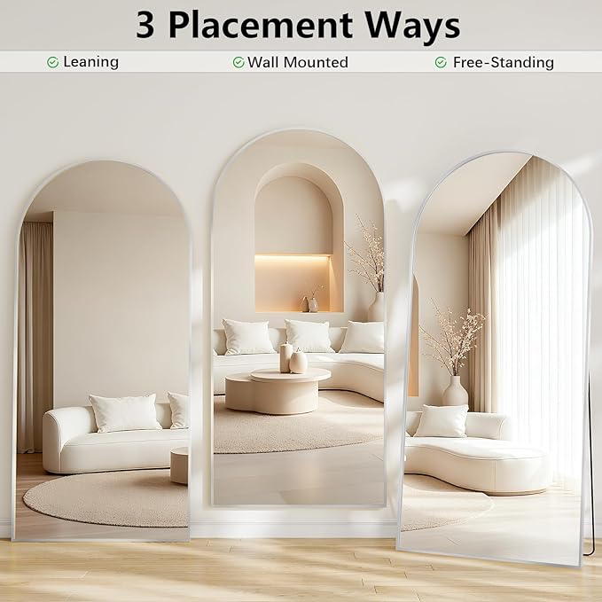 Large Full Length Mirror, 30"x71" Arched Floor Mirror Full Length with Stand, Room Decor Big Full Body Mirror with HD Tempered Glass Aluminum Frame for Bedroom Living Room,White