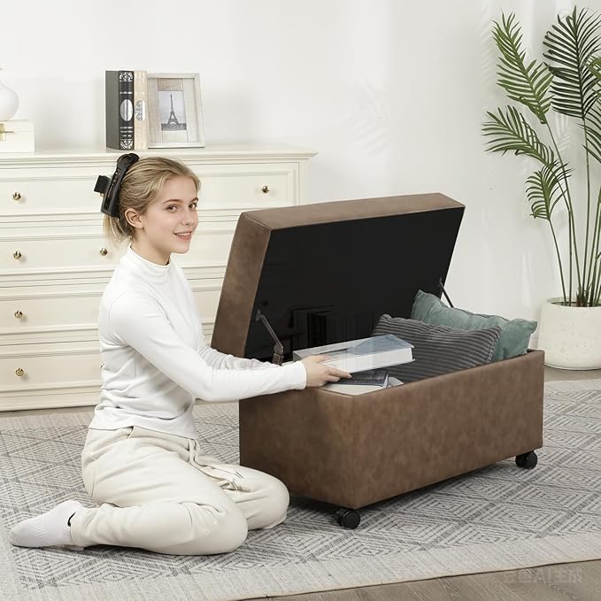 Joveco 32" Leather Storage Ottoman Bench with Wheel, Rectangle Foot Rest Stool for Living Room, Bedroom, Entryway,Earthy Light Brown Veining