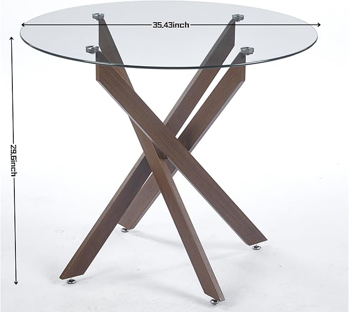 36" Round Dining Table for 4, Modern Clear Glass Kitchen Table for 4 with Walnut X Metal Legs, Contemporary Small Circle Dining Room Leisure Tables for Kitchen Apartment
