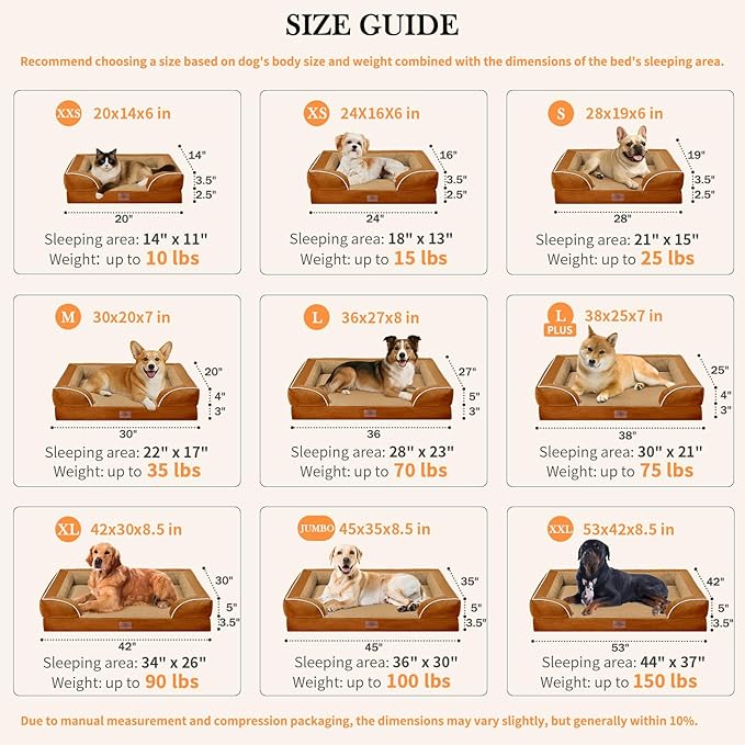 Comfort Expression Medium Dog Beds Waterproof Orthopedic Foam Dog Sofa Beds for Medium Large Dogs Comfy Pet Bed with Washable Removable Cover & Non-Slip Bottom(Medium,Caramel)