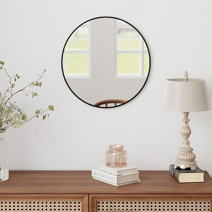 20" Round Mirror Circle Wall Mounted Hanging or Against Wall Metal Frame Dressing Make-up Mirrors for Entryway Bedroom Bathroom Living Room 20 inch Black