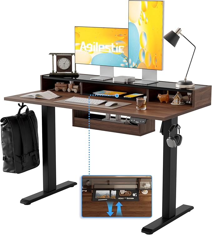 Agilestic Glass Standing Desk with Storage, 48 Inch Electric Adjustable Desk with Glass Shelf and Cable Management, Sit Stand Up Home Office Computer Table, Splice Board, Dark Walnut