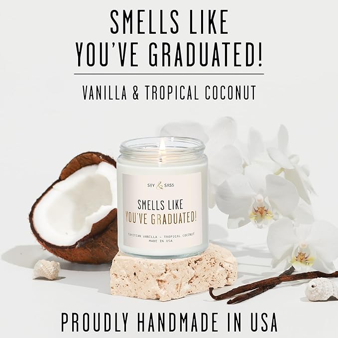 Graduation Gifts for Her "Smells like Graduation" Soy Candle, w/Vanilla & Coconut I College Graduation Gifts for Her I 2025 Graduation Gifts I 9oz Reusable Jar, 50Hr Burn, Made in USA