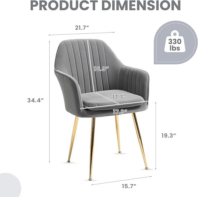 ECOTOUGE Matte Velvet Dining Chairs Set of 2, Modern Arm Chair with Golden Metal Legs, Living Room Accent Chairs for Kitchen, Grey