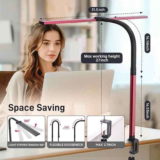 LED Desk Lamp for Home Office, Eye-Caring Desk Light with Clamp, 24W Double Head Architect Task Lamp Stepless Dimming, Flexible Gooseneck Bright Table Lamp for Study Reading Workbench Drafting Red