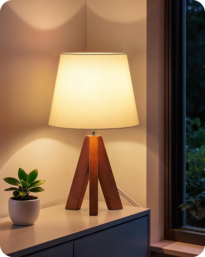 Tripod Table Lamp, Small Bedside Lamp with White Fabric Shade & Dark Wood Base, Modern Nightstand Lamp, Little Cute Desk Lamp for Bedroom, Kids Room, Living Room, Office, Study, LW51TL05