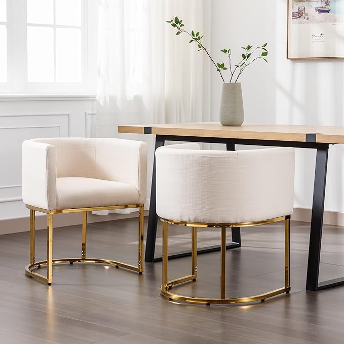 Linen Fabric Dining Chair Modern Barrel Arm Chairs with Golden Frame, Upholstered Kitchen Chairs 18.5" Wide Accent Chair for Living Room Dining Room Restaurant, Cream