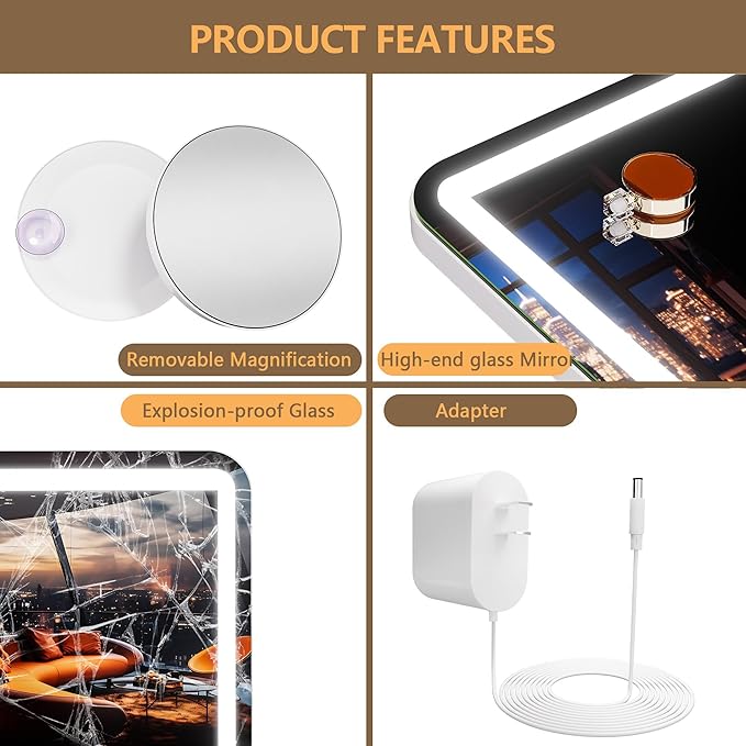 Hasipu Vanity Mirror with Lights and Bluetooth Speaker, 20" x 25" LED Makeup Mirror, Light up Mirror with 10X Magnification and USB Charging Port, Smart Touch 3 Colors Dimmable (White)