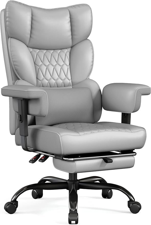 Misolant Big and Tall Office Chair with Footrest, High Back Executive Desk Chair with Adjustable Lift Armrest, 155°Recline，Lumbar Support Pillow, Faux Leather Gaming Chairs for Home or Office Gray